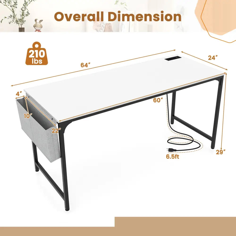 60 Inch Computer Desk with Charging Station Storage Bag-White - White - Computer Desks