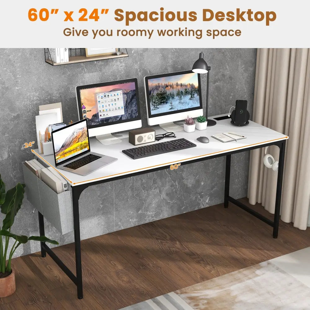 60 Inch Computer Desk with Charging Station Storage Bag-White - White - Computer Desks