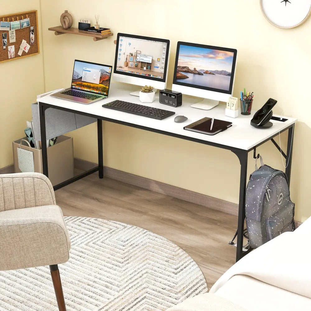60 Inch Computer Desk with Charging Station Storage Bag-White - White - Computer Desks