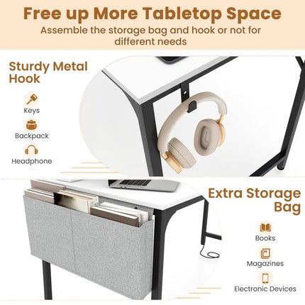 60 Inch Computer Desk with Charging Station Storage Bag-White - White - Computer Desks