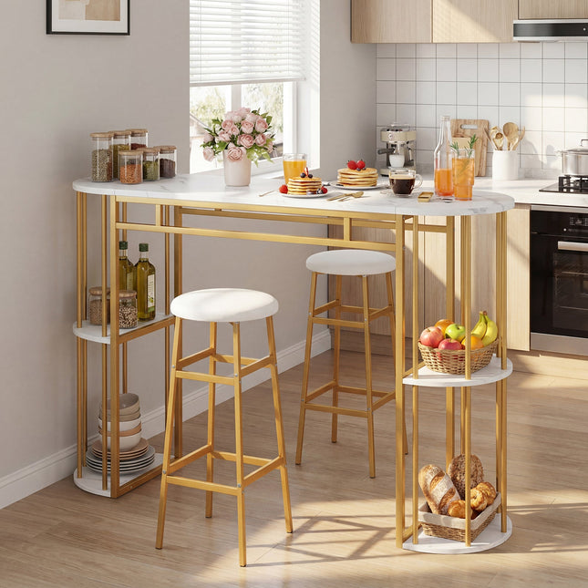 60 Inch Dining Table and 2 Upholstered Barstools with Faux Marble Tabletop-White - White - Dining Room Sets