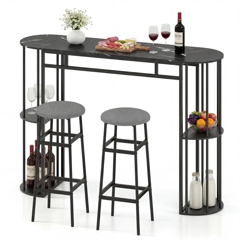 60 Inch Dining Table and 2 Upholstered Barstools with Faux Marble Tabletop-Gray - Gray - Dining Room Sets