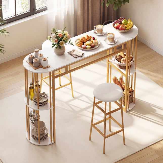 60 Inch Dining Table and 2 Upholstered Barstools with Faux Marble Tabletop-White - White - Dining Room Sets