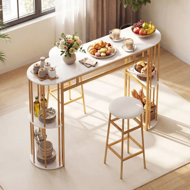 60 Inch Dining Table and 2 Upholstered Barstools with Faux Marble Tabletop-White - White - Dining Room Sets