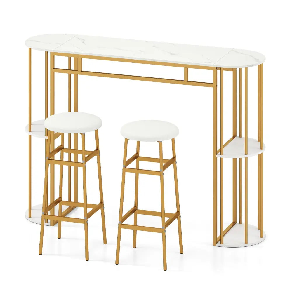 60 Inch Dining Table and 2 Upholstered Barstools with Faux Marble Tabletop-White - White - Dining Room Sets