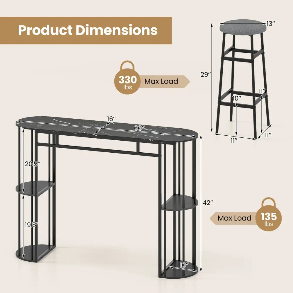 60 Inch Dining Table and 2 Upholstered Barstools with Faux Marble Tabletop-Gray - Gray - Dining Room Sets