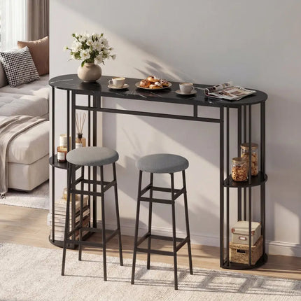 60 Inch Dining Table and 2 Upholstered Barstools with Faux Marble Tabletop-Gray - Gray - Dining Room Sets