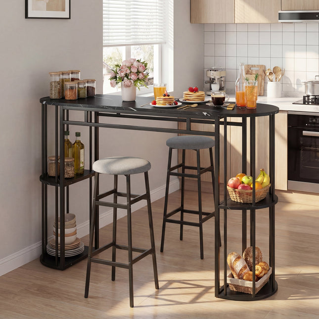 60 Inch Dining Table and 2 Upholstered Barstools with Faux Marble Tabletop-Gray - Gray - Dining Room Sets