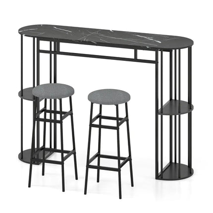 60 Inch Dining Table and 2 Upholstered Barstools with Faux Marble Tabletop-Gray - Gray - Dining Room Sets