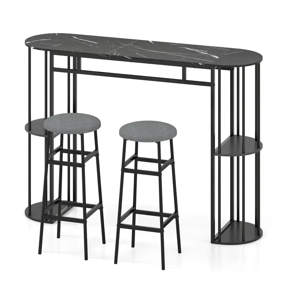 60 Inch Dining Table and 2 Upholstered Barstools with Faux Marble Tabletop-Gray - Gray - Dining Room Sets