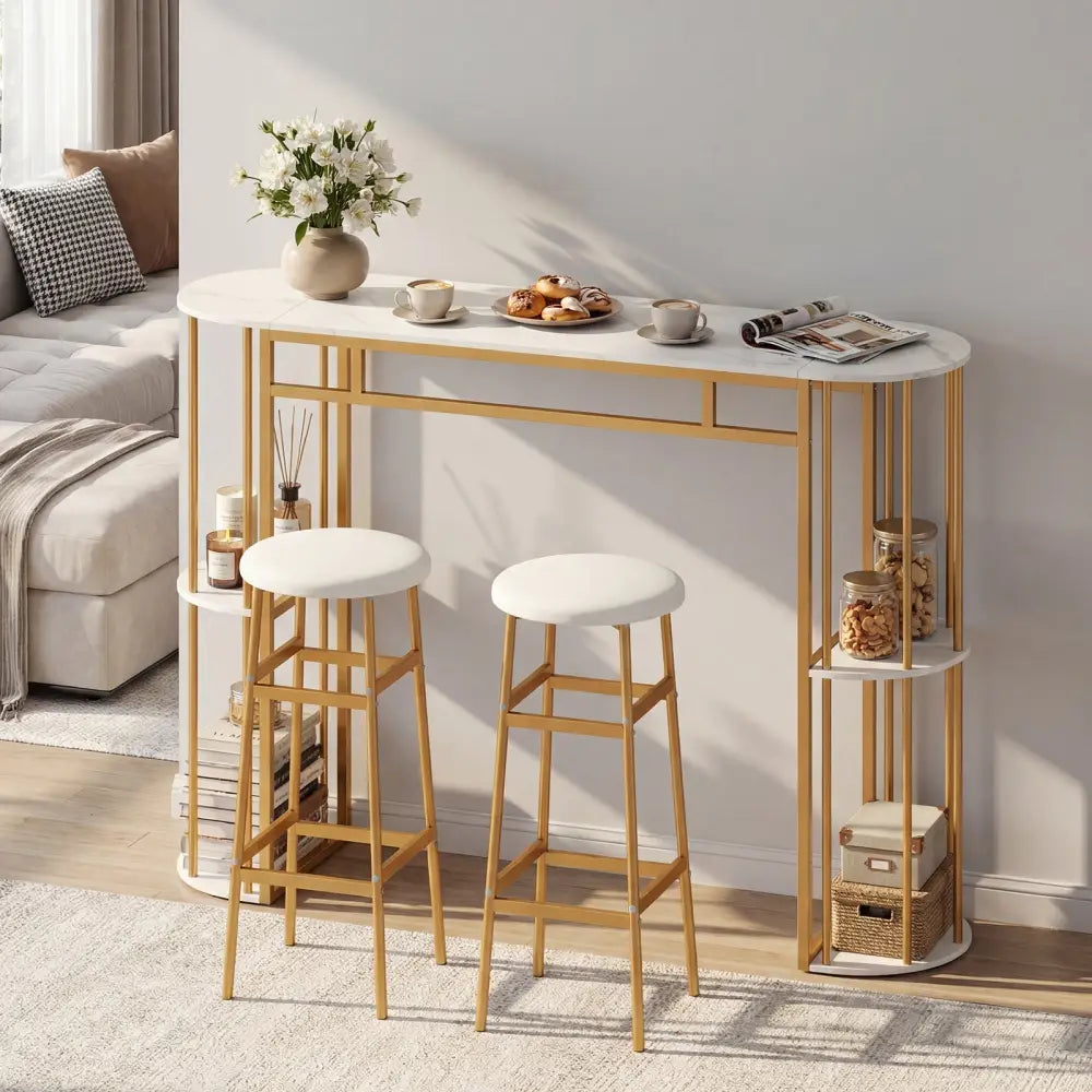 60 Inch Dining Table and 2 Upholstered Barstools with Faux Marble Tabletop-White - White - Dining Room Sets