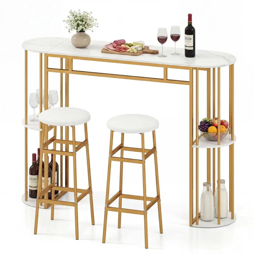 60 Inch Dining Table and 2 Upholstered Barstools with Faux Marble Tabletop-White - White - Dining Room Sets
