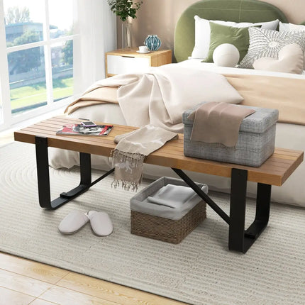 60 Inch Entryway Bench Rustic Farmhouse Wooden Shoe Rack with Metal Frame-Natural - Natural - Shoe Racks & Storage