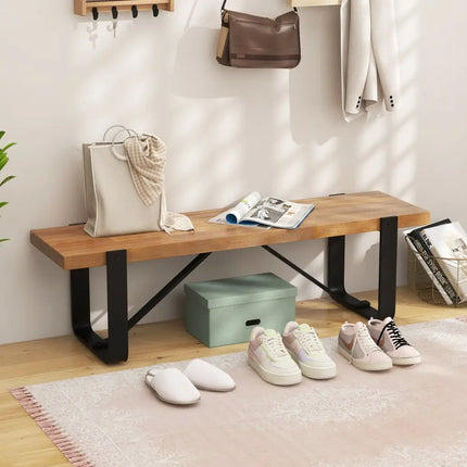 60 Inch Entryway Bench Rustic Farmhouse Wooden Shoe Rack with Metal Frame-Natural - Natural - Shoe Racks & Storage