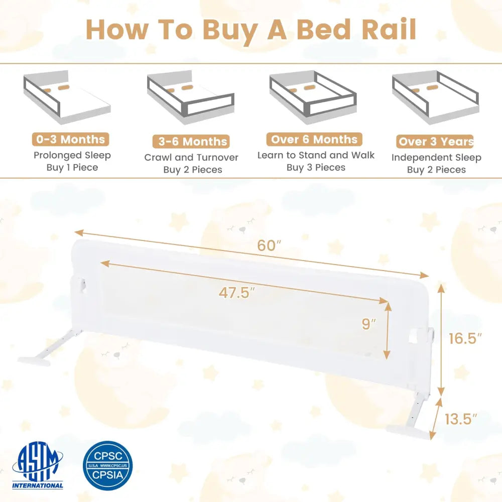 60-Inch Foldable Bed Rail Swing Down Baby Bed Guard Rail with Adjustable Safety Strap-White - White - Bed Rails