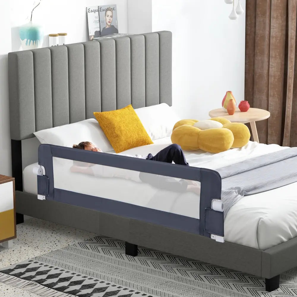 60-Inch Foldable Bed Rail Swing Down Baby Bed Guard Rail with Adjustable Safety Strap-Grey - Gray - Bed Rails
