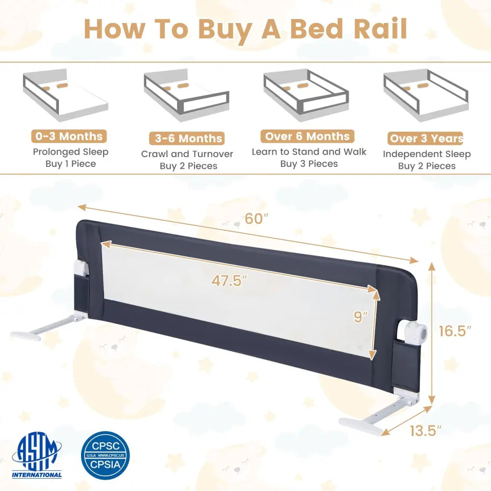 60-Inch Foldable Bed Rail Swing Down Baby Bed Guard Rail with Adjustable Safety Strap-Grey - Gray - Bed Rails