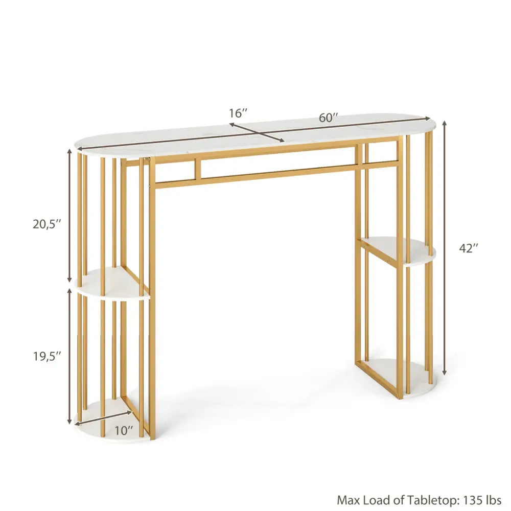 60 Inch Long Bar Table Narrow with Faux Marble Tabletop and Storage Shelves-White - White & Golden - Bar Tables