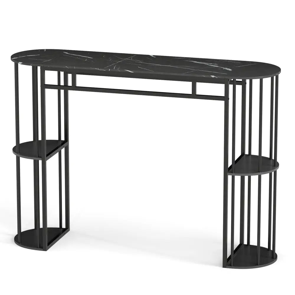 60 Inch Long Bar Table Narrow with Faux Marble Tabletop and Storage Shelves-Black - Black - Bar Tables