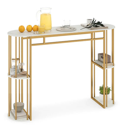 60 Inch Long Bar Table Narrow with Faux Marble Tabletop and Storage Shelves-White - White & Golden - Bar Tables