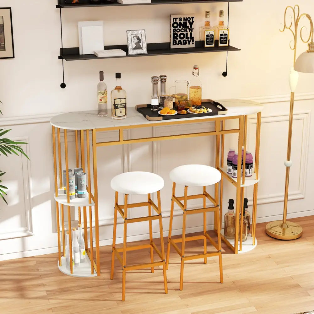 60 Inch Long Bar Table Narrow with Faux Marble Tabletop and Storage Shelves-White - White & Golden - Bar Tables