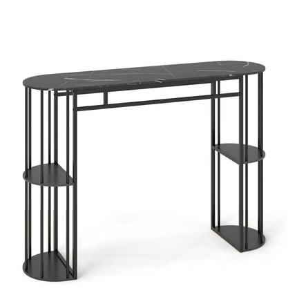 60 Inch Long Bar Table Narrow with Faux Marble Tabletop and Storage Shelves-Black - Black - Bar Tables
