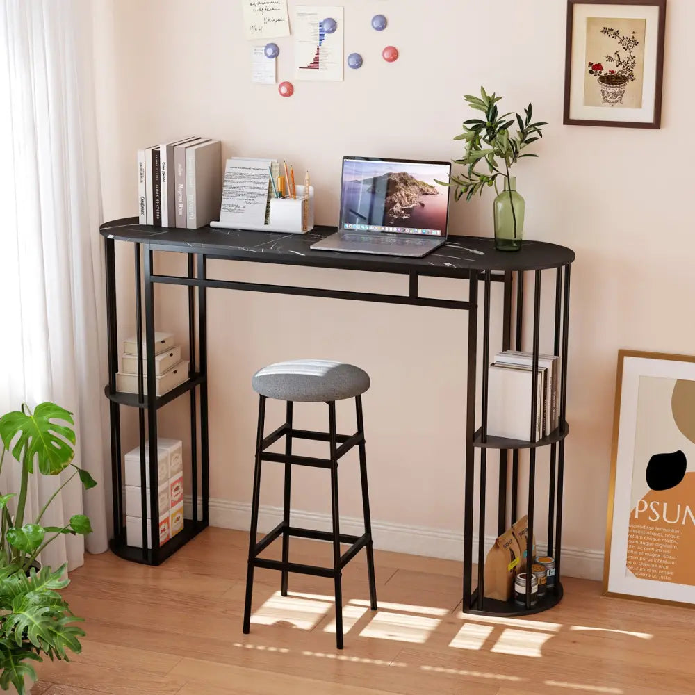 60 Inch Long Bar Table Narrow with Faux Marble Tabletop and Storage Shelves-Black - Black - Bar Tables