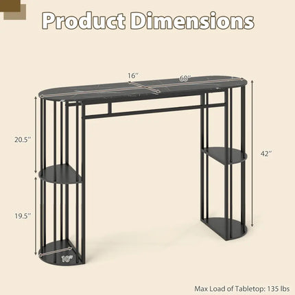 60 Inch Long Bar Table Narrow with Faux Marble Tabletop and Storage Shelves-Black - Black - Bar Tables