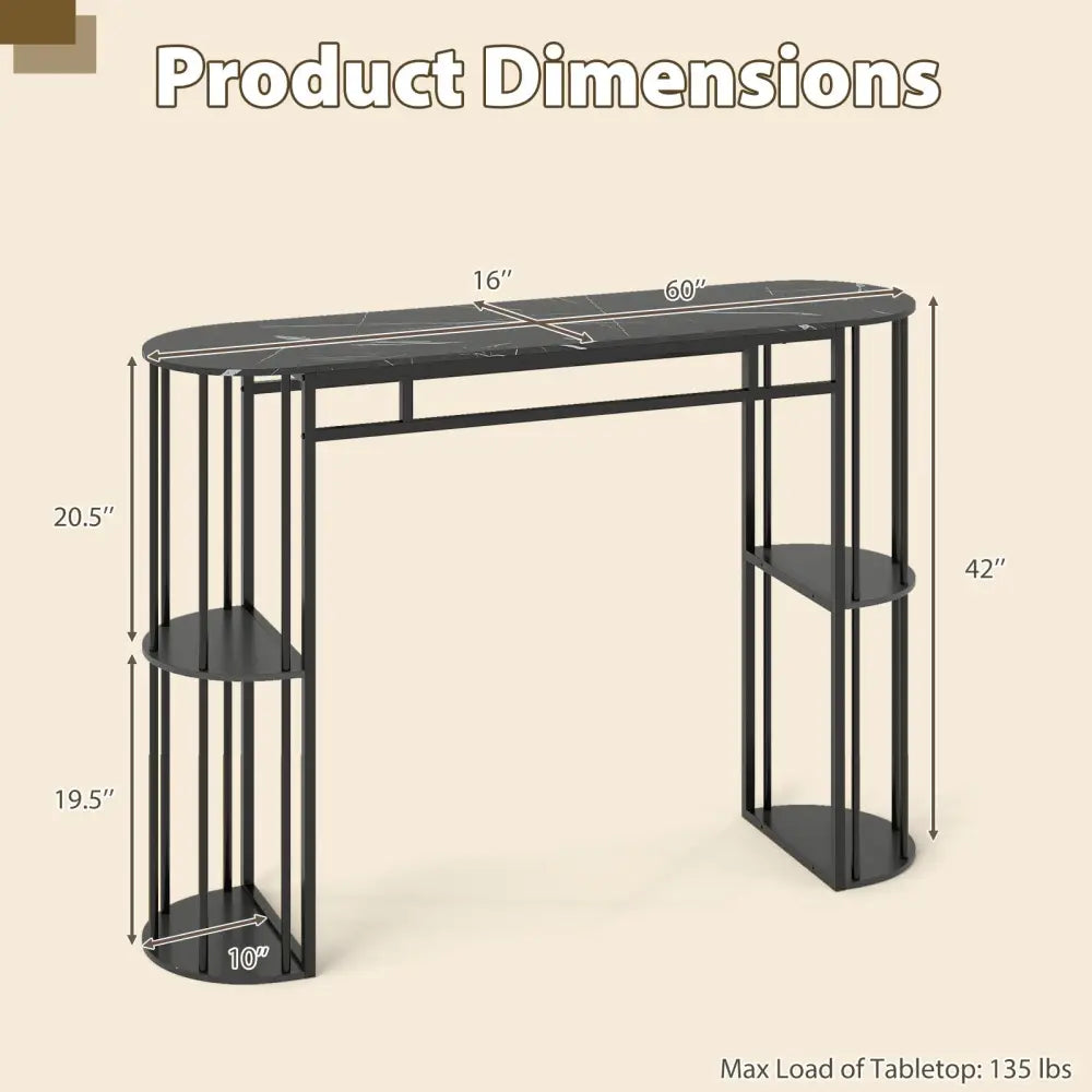 60 Inch Long Bar Table Narrow with Faux Marble Tabletop and Storage Shelves-Black - Black - Bar Tables