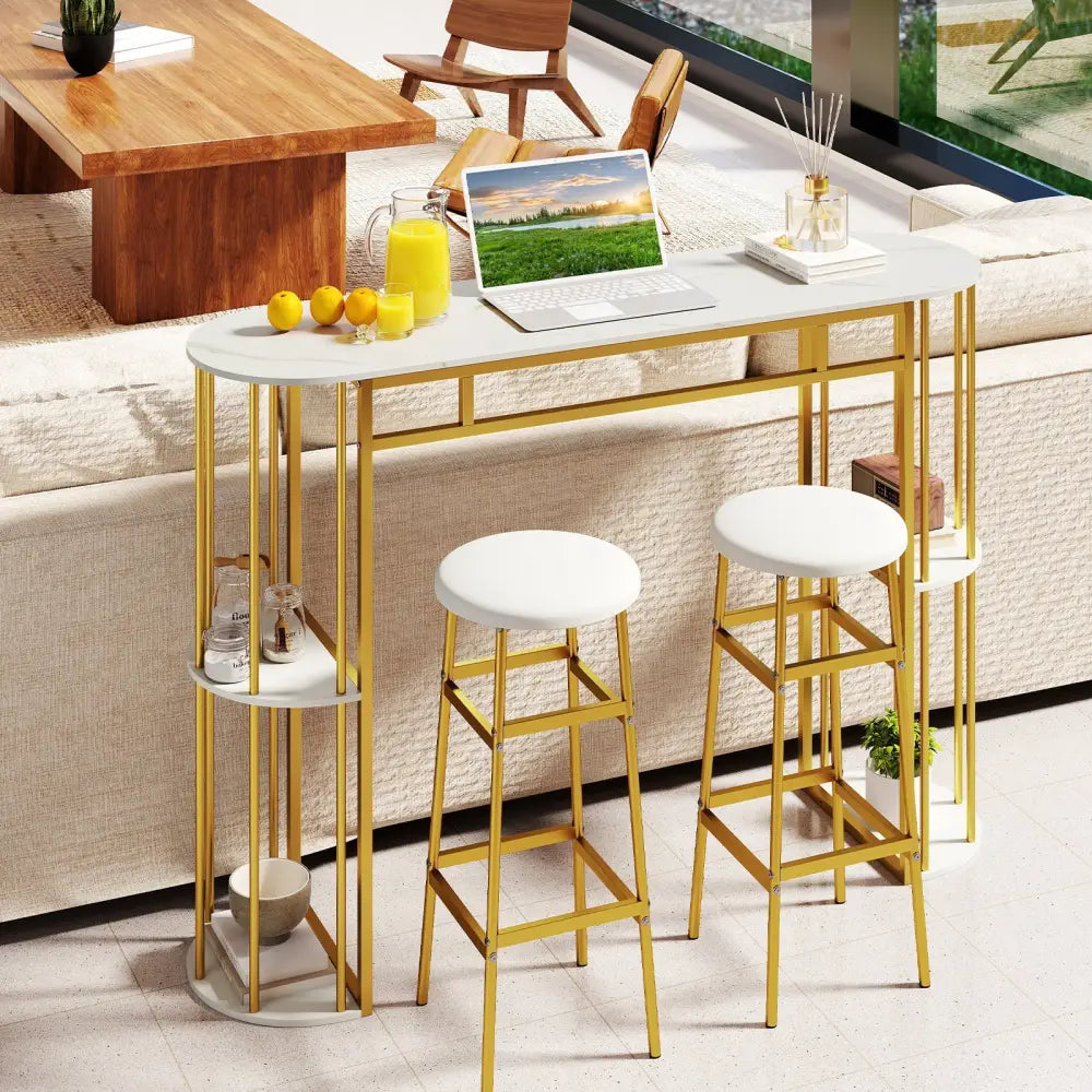 60 Inch Long Bar Table Narrow with Faux Marble Tabletop and Storage Shelves-White - White & Golden - Bar Tables