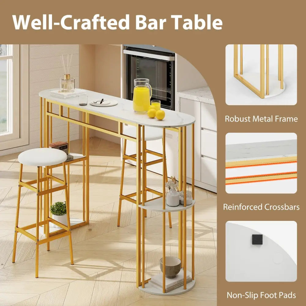 60 Inch Long Bar Table Narrow with Faux Marble Tabletop and Storage Shelves-White - White & Golden - Bar Tables