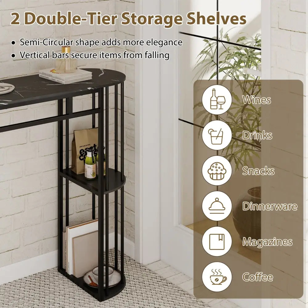 60 Inch Long Bar Table Narrow with Faux Marble Tabletop and Storage Shelves-Black - Black - Bar Tables