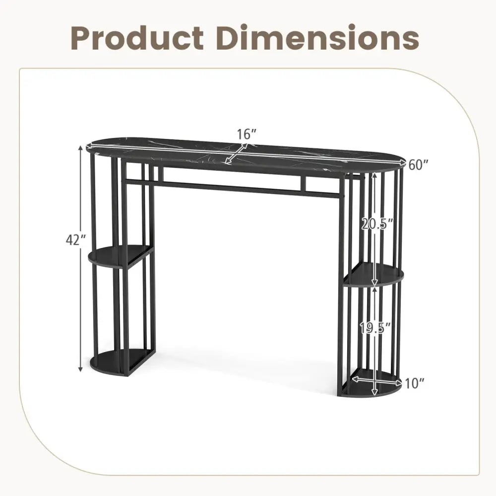 60 Inch Long Bar Table Narrow with Faux Marble Tabletop and Storage Shelves-Black - Black - Bar Tables