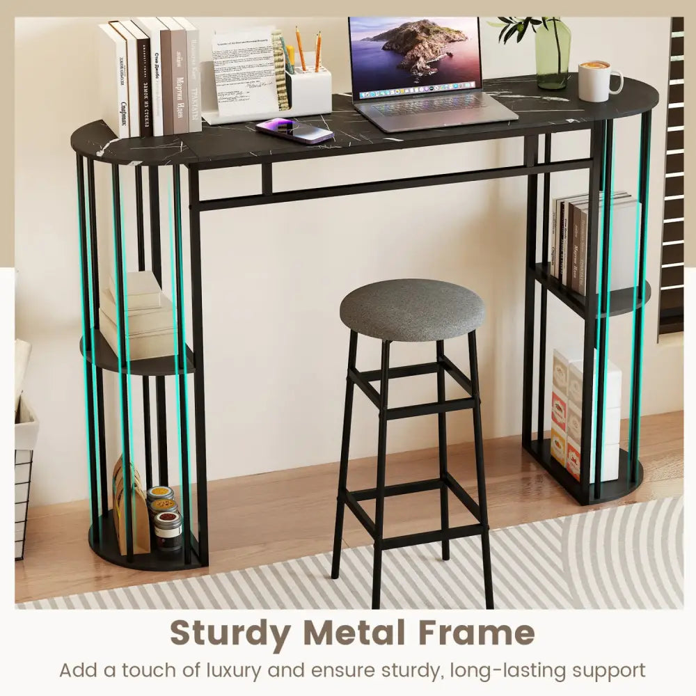 60 Inch Long Bar Table Narrow with Faux Marble Tabletop and Storage Shelves-Black - Black - Bar Tables