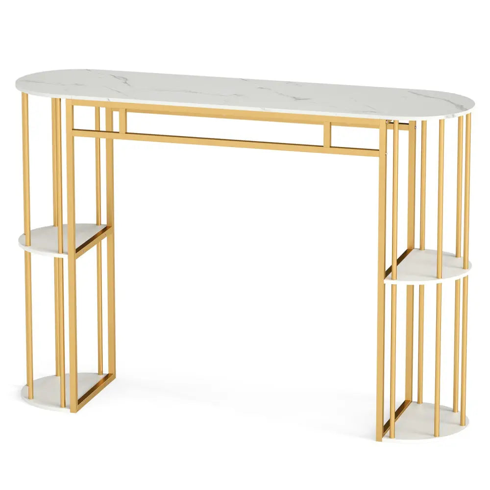 60 Inch Long Bar Table Narrow with Faux Marble Tabletop and Storage Shelves-White - White & Golden - Bar Tables