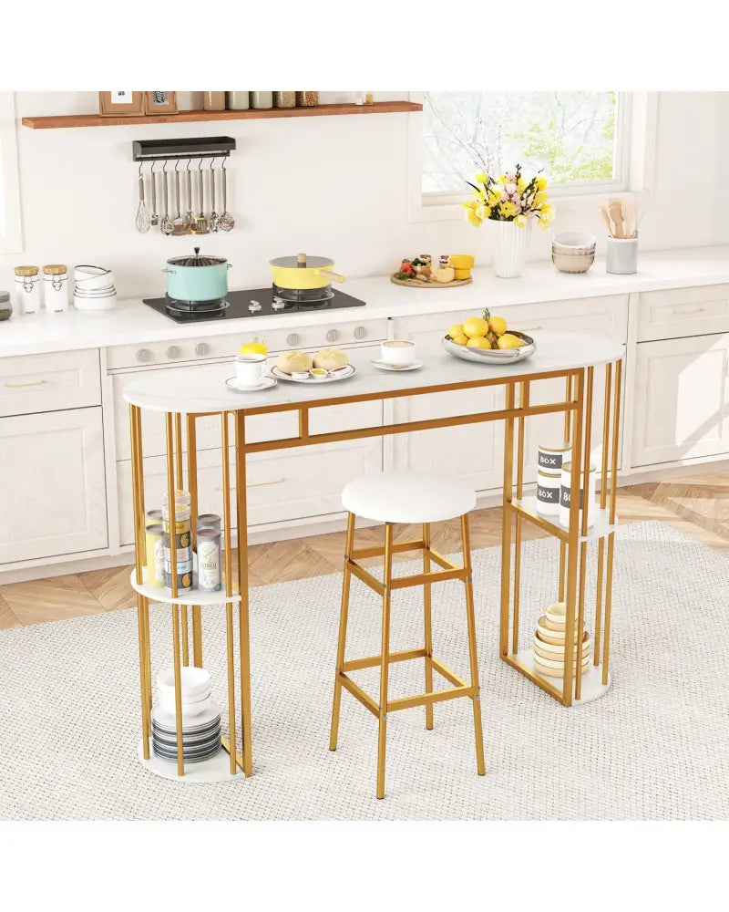 60 Inch Long Bar Table Narrow with Faux Marble Tabletop and Storage Shelves-White - White & Golden - Bar Tables