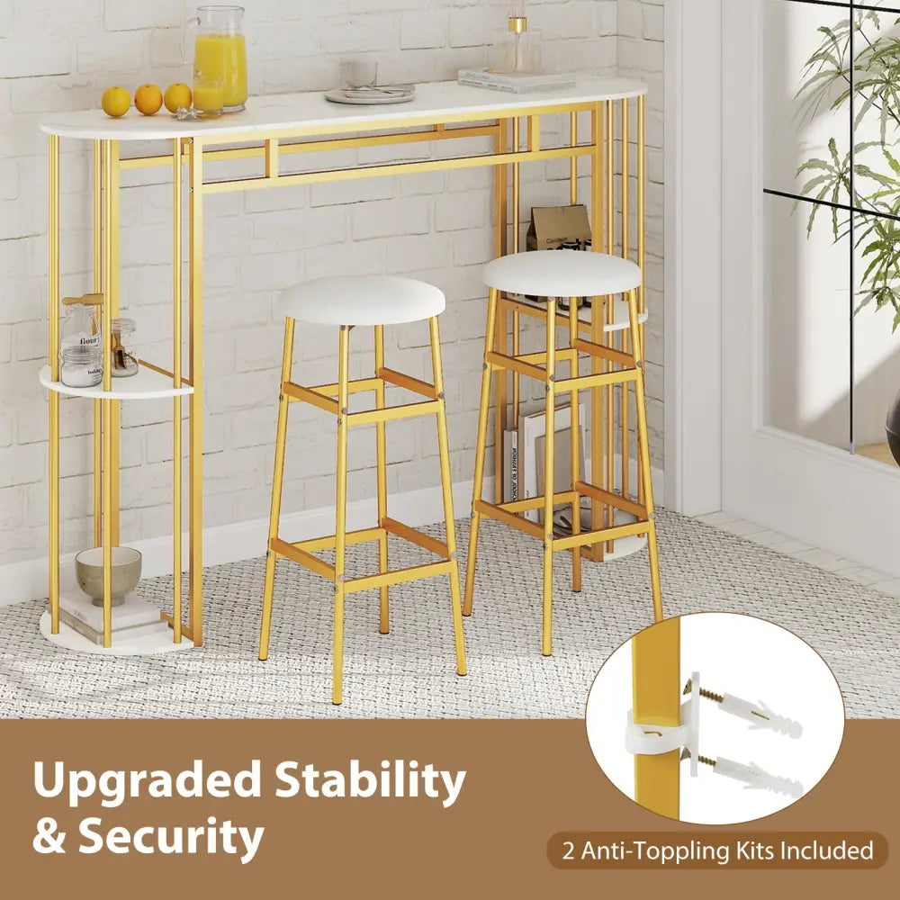 60 Inch Long Bar Table Narrow with Faux Marble Tabletop and Storage Shelves-White - White & Golden - Bar Tables