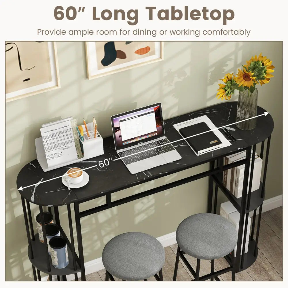 60 Inch Long Bar Table Narrow with Faux Marble Tabletop and Storage Shelves-Black - Black - Bar Tables