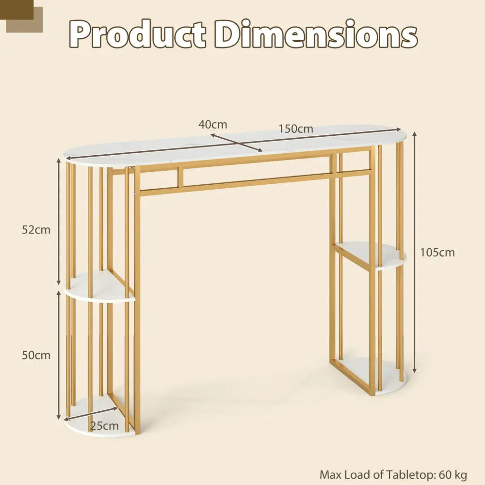 60 Inch Long Bar Table Narrow with Faux Marble Tabletop and Storage Shelves-White - White & Golden - Bar Tables