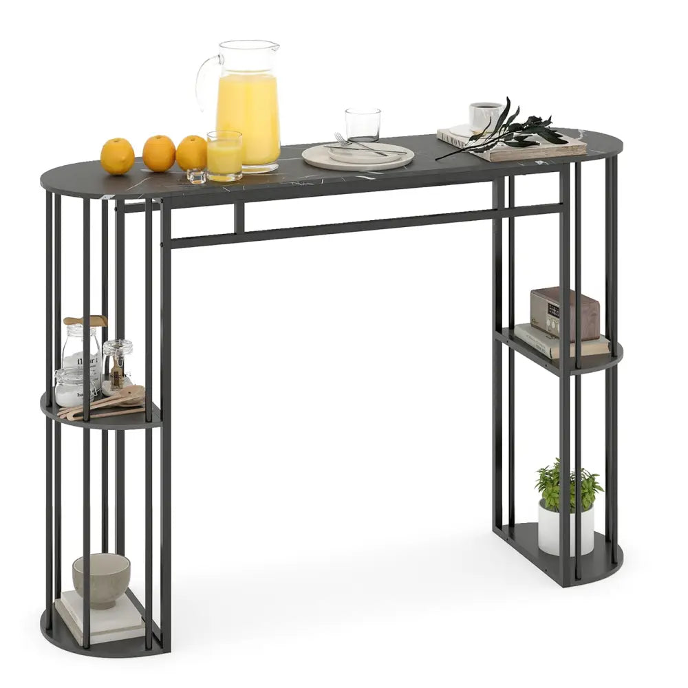 60 Inch Long Bar Table Narrow with Faux Marble Tabletop and Storage Shelves-Black - Black - Bar Tables