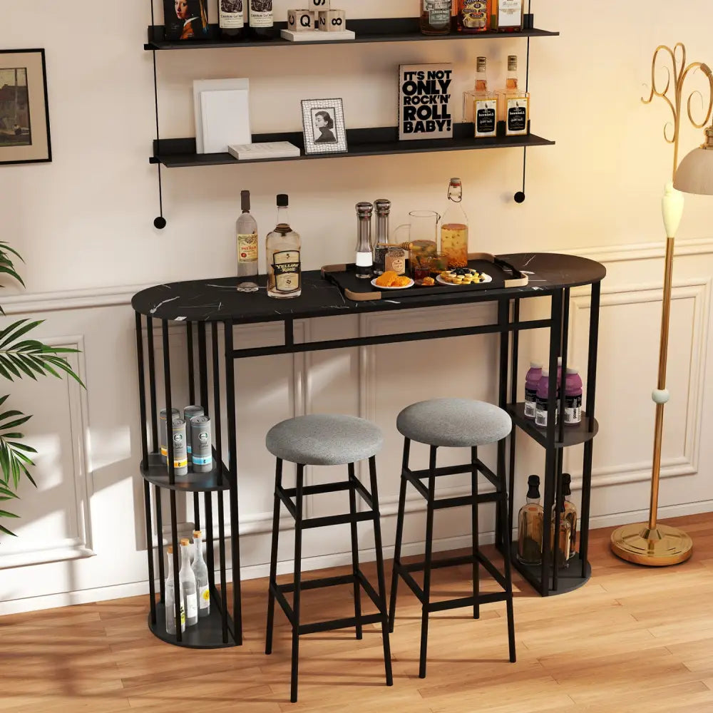 60 Inch Long Bar Table Narrow with Faux Marble Tabletop and Storage Shelves-Black - Black - Bar Tables