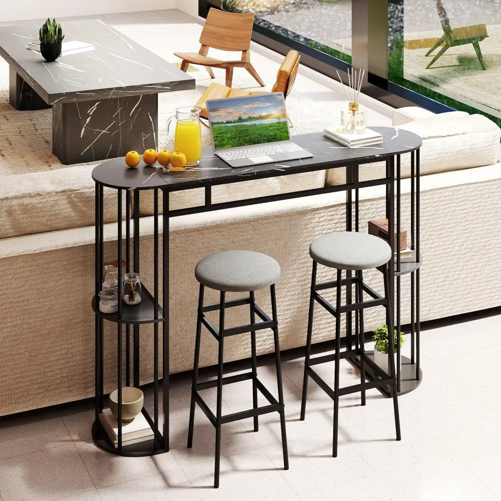 60 Inch Long Bar Table Narrow with Faux Marble Tabletop and Storage Shelves-Black - Black - Bar Tables
