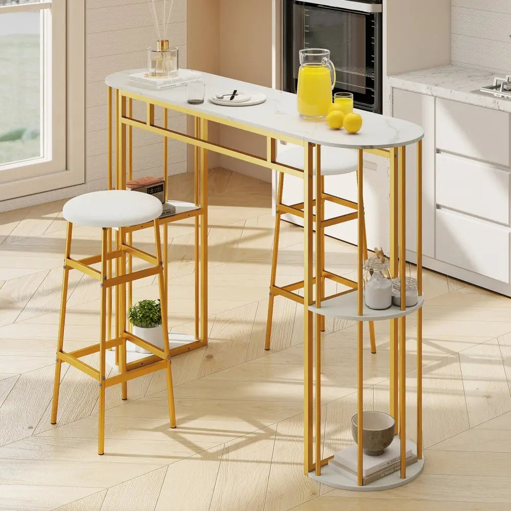 60 Inch Long Bar Table Narrow with Faux Marble Tabletop and Storage Shelves-White - White & Golden - Bar Tables