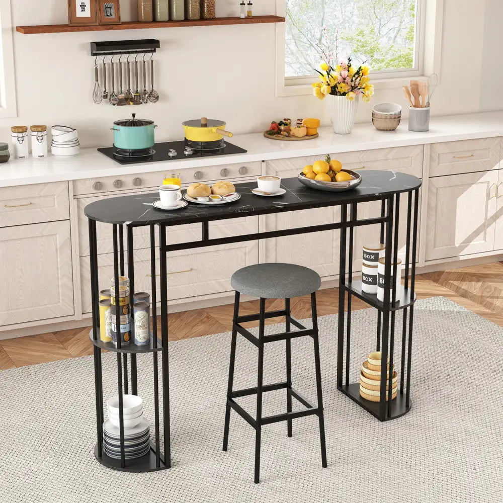 60 Inch Long Bar Table Narrow with Faux Marble Tabletop and Storage Shelves-Black - Black - Bar Tables