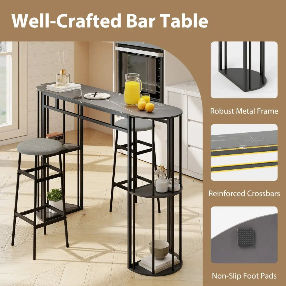 60 Inch Long Bar Table Narrow with Faux Marble Tabletop and Storage Shelves-Black - Black - Bar Tables