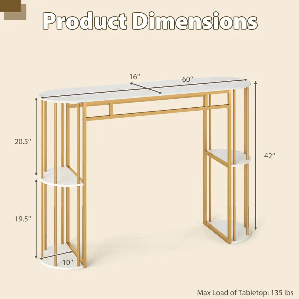 60 Inch Long Bar Table Narrow with Faux Marble Tabletop and Storage Shelves-White - White & Golden - Bar Tables