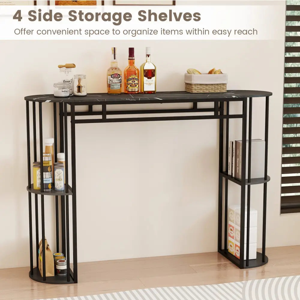 60 Inch Long Bar Table Narrow with Faux Marble Tabletop and Storage Shelves-Black - Black - Bar Tables