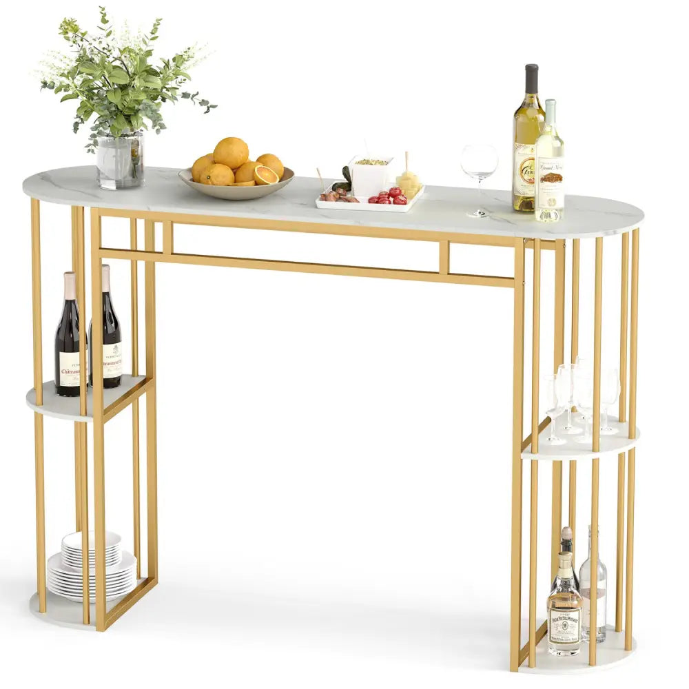 60 Inch Long Bar Table Narrow with Faux Marble Tabletop and Storage Shelves-White - White & Golden - Bar Tables
