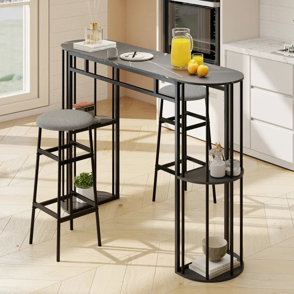 60 Inch Long Bar Table Narrow with Faux Marble Tabletop and Storage Shelves-Black - Black - Bar Tables