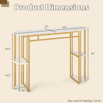 60 Inch Long Bar Table Narrow with Faux Marble Tabletop and Storage Shelves-White - White & Golden - Bar Tables